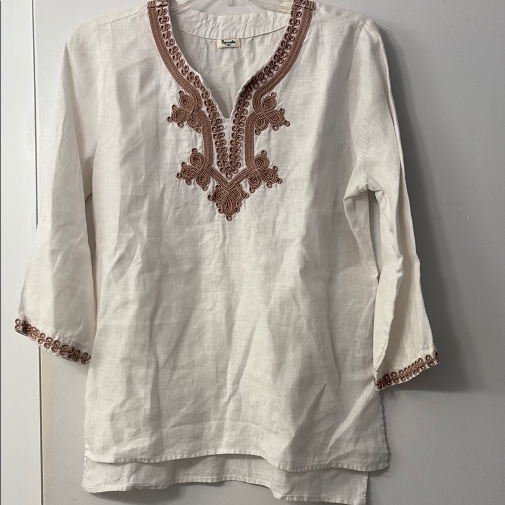 Simple nyc- Chic Embroidered Cream and Brown Tunic -100% linen